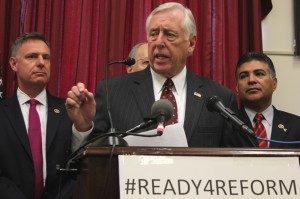 Minority Whip Rep. Steny Hoyer, D-Md., says Wednesday that the House would pass an immigration reform bill if it came to the floor. Two freshman Democratic House members from California joined Hoyer at the press conference, Scott Peters, left, and Tony Cardenas. 