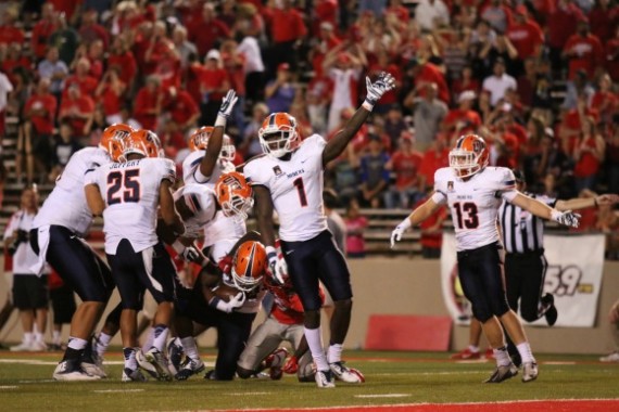 UTEP players celebrate after recovering a muffed punt return. 