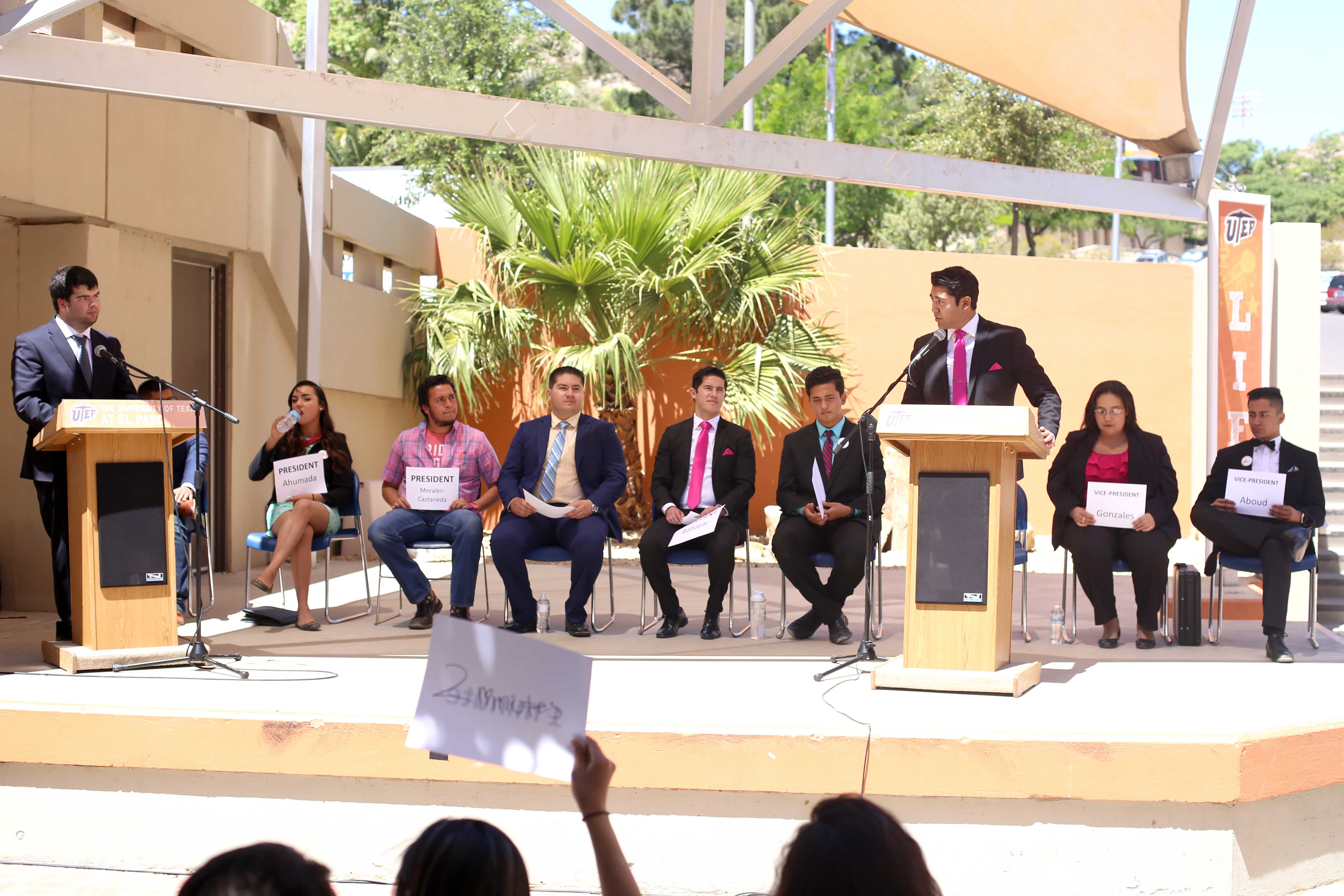 SGA candidates for president and vice-president answer questions at the Union Breezeway on April 17.