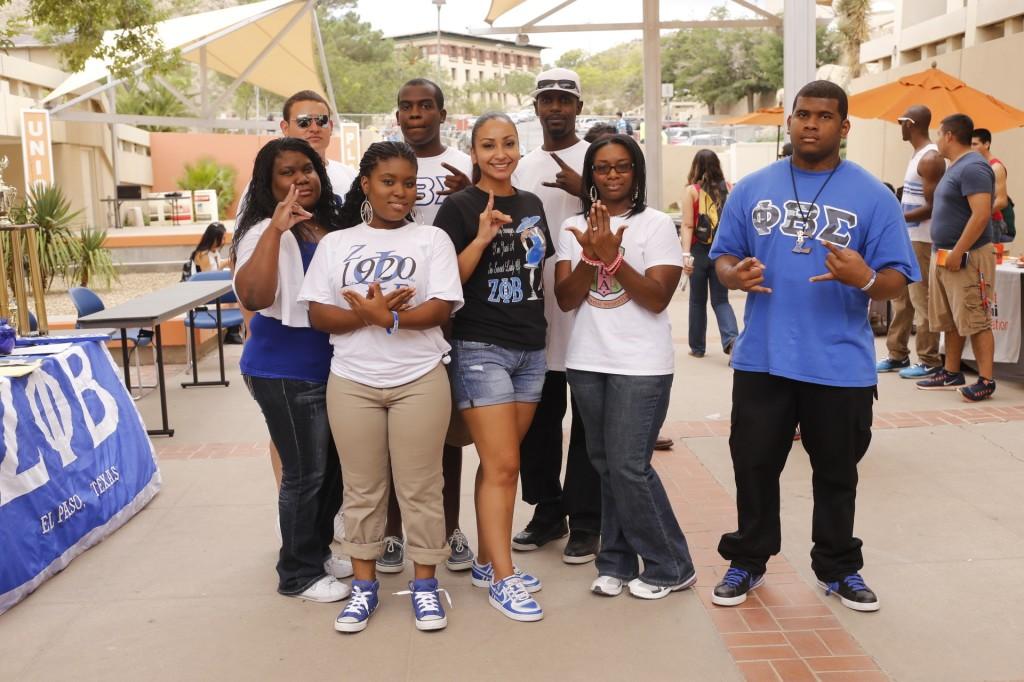 Members of Alpha Kappa Alpha, Phi Beta Sigma and Zeta Phi Beta. From left to right; Angela Wooley, UTEP alumni; Miguel Candelaria, sophomore engineering major; Shequela Whitt, sophomore nursing major; James Boyd, junior criminal justice major; Isela Speights, sophomore general business major; Cedric Howard, sophomore nursing major; Sabrina Clemmer, senior multidisciplinary studies major; and Marquis Whitt, sophomore computer science major.