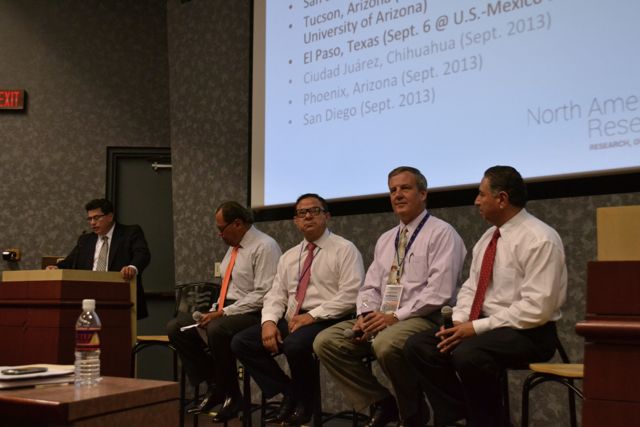 (Left-Right) Rolando Pablos,  Borderplex Alliance Chief Executive Officer, Texas State Sen. Jose Rodriguez, Gabriel Flores, Chihuahua State Congress and chair of the Border Legislative Conference, Ian Brownlee, U.S. Consul General in Ciudad Juarez and Jacob Prado, Consul General of Mexico in El Paso, participate in a panel discussion after the presentation.