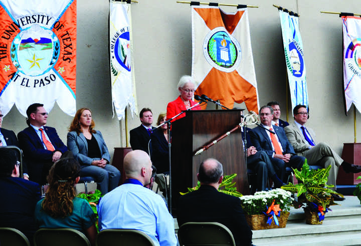 President Diana Natalicio delivers a speech on the upcoming centennial year at the UGLC.