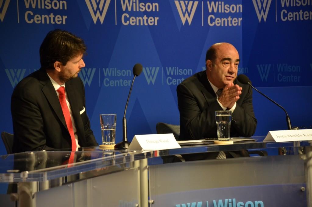 Mexico’s Attorney General Jesus Murillo Karam, right, says crime in Mexico has decreased noticeably due changes in the judicial system. Duncan Wood, director of the Mexico Institute at the Woodrow Wilson Center, moderated the discussion Tuesday. SHFWire photo by Andrés Rodriguez