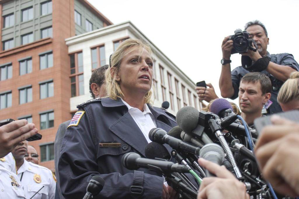 Navy Cmdr. Tim Jirus says that a man standing next to him was shot and killed as both tried to escape from the shooter at the Washington Navy Yard on Monday. SHFWire photo by Nick Prete