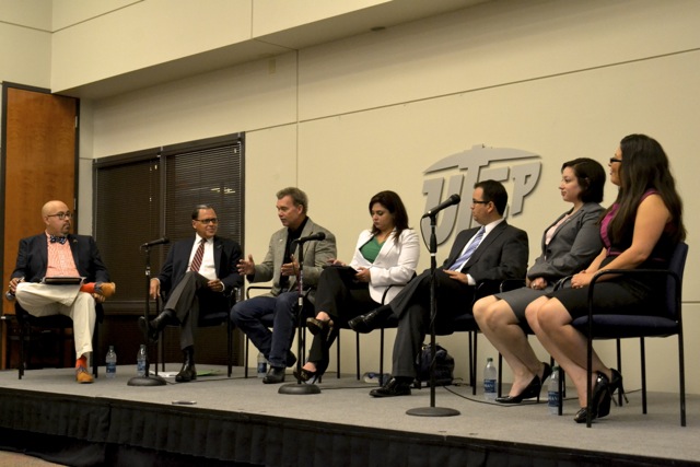 (Left-right) Communication Professor Richard Pineda, State Sen. Jose Rodriguez, Rep. Joe Pickett, Rep. Marisa Marquez, Rep. Joe Moody, Rep. Naomi Gonzalez and Rep. Mary Gonzalez speak at the El Paso Natural Gas Conference Center for the 83rd Legislature Wrap-Up. 