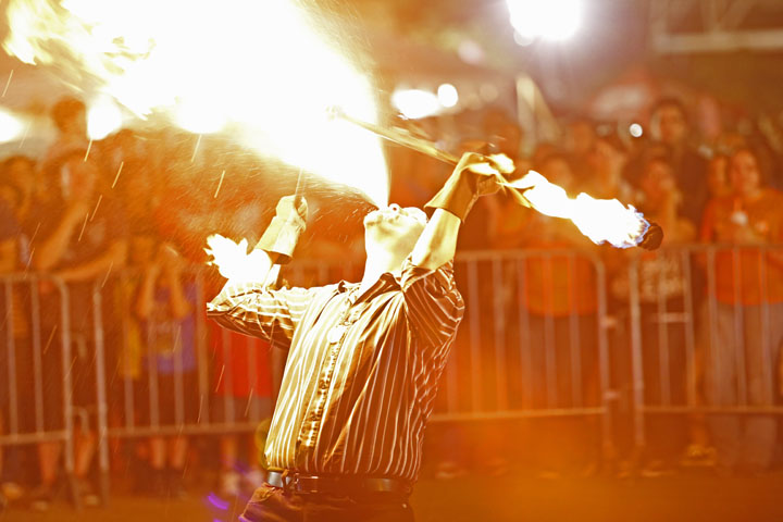 A fire-breathing performer at Minerpalooza. 
