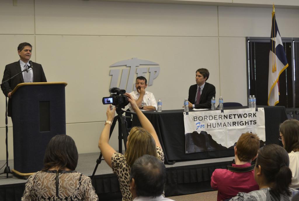 (Left-Right) Rep. Filemon Vela, D-Texas, Fernando Garcia, executive director of the Border Network for Human Rights and Rep. Beto ORourke, D-Texas, discuss immigration reform at a Monday town hall meeting.