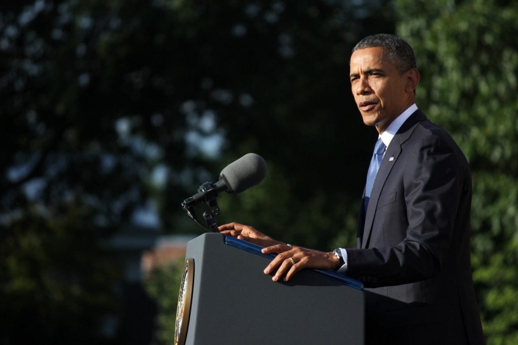 President Barack Obama speaks at a memorial service held at the Marine Barracks, attended by about 4,000 people.