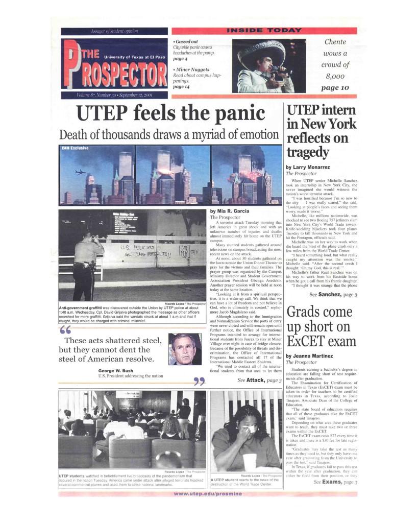 The 9/11 exhibit will feature the front pages of The Prospector from Sept. 12 and Sept. 19, 2001.