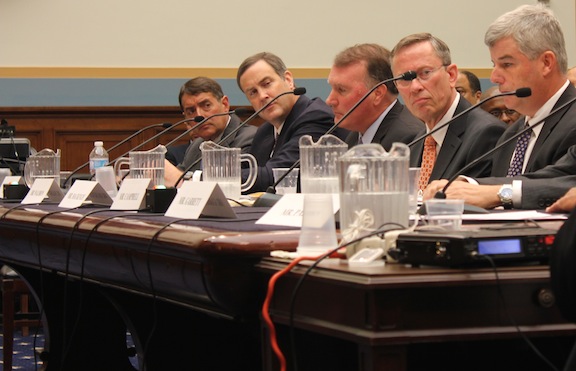 Gerard Waldron, of the NAB, left; Earle MacKenzie, of the American Cable Association; James Campbell, of CenturyLink; Robert Garrett, of Major League Baseball, and Preston Padden, formerly of ABC and the Walt Disney Co, testify Sept. 10 about rules on whether satellite TV networks should still be able to transmit programming under rules set in 1988. SHFWire photo by Sean Bradley