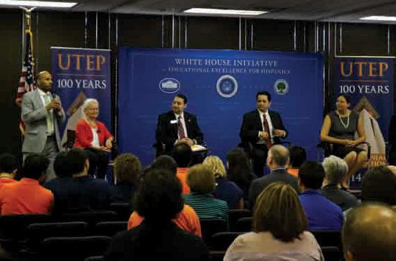 (Left to right) Deputy Director Marco Davis, President Diana Natalicio, El Paso Community College President William Serrata, Socorro Independent School District Superintendent Jose Espinoza and White House Initiative on Hispanics Executive Director Alejandra Ceja speak at the town hall meeting on Friday.