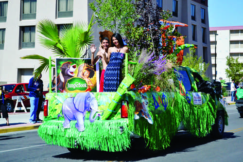 Phi Delta Thetas Jungle Book float won first place in the homecoming parade float contest. 