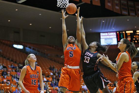 Senior Kayla Thornton with a layup against the Texas Permain Basin Falcons. She contributed with nine points in the season opener.