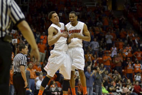 Senior center John Bohannon celebrating with freshman forward Vince Hunter after a Hunter dunk.