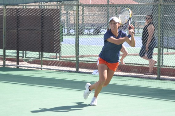 Senior Rebecca Calvillo hits a back-hand slice against Southern Mississippi on Feb. 23