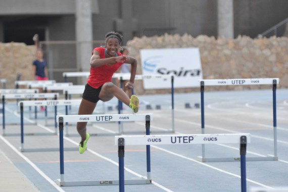 Sophomore hurdler/jumper Bria Love practices the 60-meter dash with hurdles at Kidd Field.