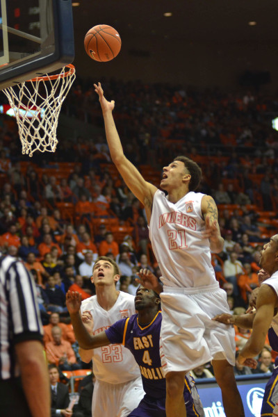 Senior forward John Bohannon makes a layup against East Carolina.