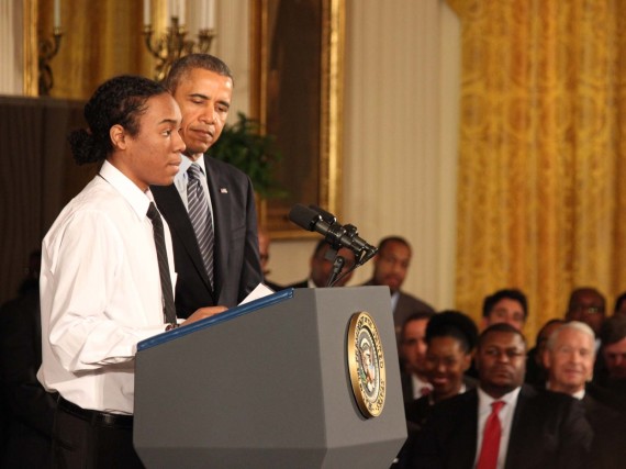 Christian Champaign, 18, a senior at Hyde Park Career Center in Chicago, introduced the President to East Room audience attending the My Brother’s Keeper event.