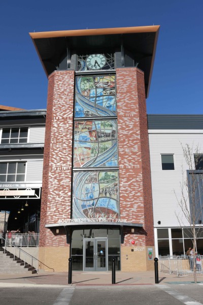 The 60-ft.glass window created by local artist, Robert Davidoff, is one of four entrances to the Southwest University Ballpark.
