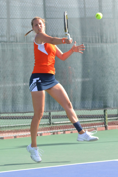 Senior Marie Leblond hits a forehand against the Louisiana Monroe Warhawks on March 29 at the UTEP Tennis Complex.