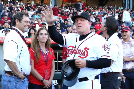 Manager Pat Murphy salutes the sold out crowd on opening day of the new ballpark.