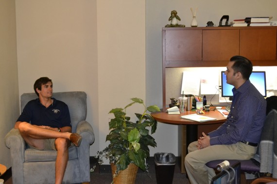(Left) Steve Pulley, a former heroine addict, sits with Jorge Marquez, a clinical counselor at the UTEP Counseling Center. They discuss student recovery and advocacy for those who are seek higher education.