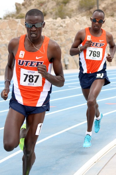 Distance runner Anthony Rotich runs in the 1500-meters, followed by teammate Cosmas Boit. Rotich and Boit placed first and second, respectively, at the April 12 meet.