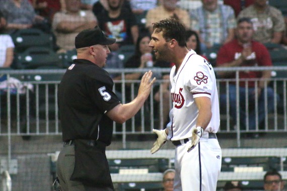 Right fielder Jeff Francoeur argues a call with the umpire in the third inning. 