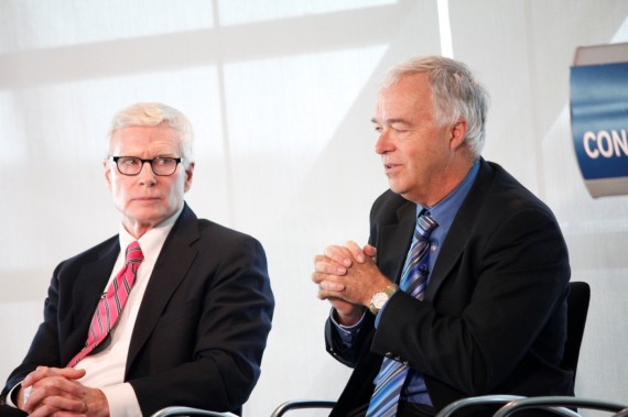 Charles Haynes, the Newseum Institute’s Religious Freedom Center director, left, and Ken Paulson, First Amendment Center president, discuss the 2014 State of the First Amendment survey on Tuesday at the Newseum in Washington. According to the survey, 38 percent of Americans believe the freedoms of the First Amendment “go too far.