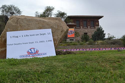 In front of the Centennial Museum flags were placed in remembrance of each life lost on September 11.  