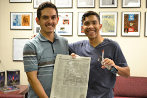 Ernest Alvidrez, sophomore pre-business major, won the Centennial Crossword Puzzle contest by correctly filling out the puzzle and identifying the incorrect answer.  The question was, who is the patron saint of engineering? Wrong answer was Saint Peter, correct answer is Saint Patrick. 