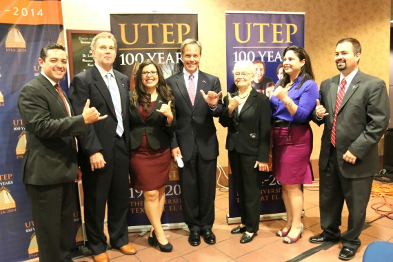 President Diana Natalicio poses with Joe Straus and the Democratic Texas State Reps