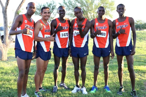(Left to right) sophomore Evans Kripono, senior Ramon Garcia, junior Anthony Rotich, sophomore Cosmas Boit, sophomore Daniel Cheruiyot, junior Elphas Maiyo. The 2014 men’s cross country team poses after winning the 2014 Lori Fitzgerald Classic at Chamizal National Park.