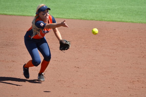 Freshman Courtney Clayton throws the ball to second base looking for a double play at the Helen of Troy Softball Complex on Sunday Sept.28.