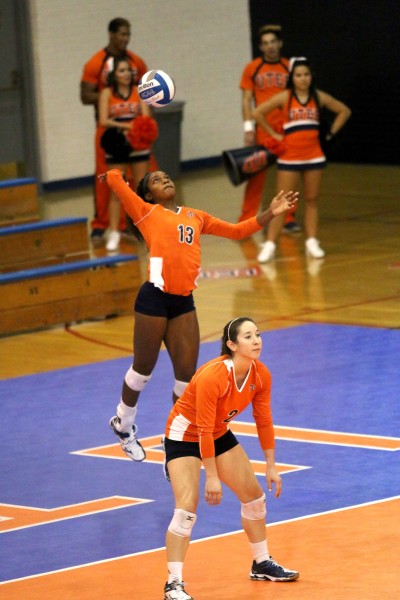 Freshman+middle+blocker+Krystal+Ejesieme+serves+the+ball+against+North+Texas+Friday%2C+Sept.+26+at+Memorial+Gym