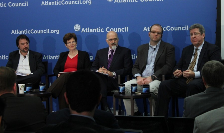 Kent Landfield, right, says that requirements for electronic voting need to be examined and that standards need to be developed. He and others, from the right, Joseph Hall, Jason Healey, Pamela Smith and Jordi Puiggali spoke at the Atlantic Council earlier this month.