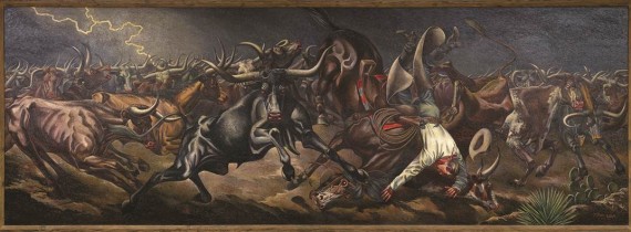 Tom Lea’s mural “Stampede” was the subject of a conference in Washington after it was damaged. “Stampede,” mural, 1940. Oil on canvas, 5½ x 16 feet. U.S. Post Office, Odessa, Texas. Commissioned through the Section of Fine Arts, 1934-1943. Fine Arts Collection, U.S. General Services Administration.