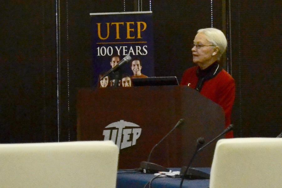 Dr. Diana Natilicio speaks at the UT Board of Regents committee meeting. 