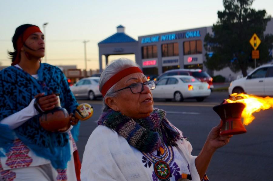 Danza Azteca leads the march on Montana Ave. for the release of Alexi Cruz.