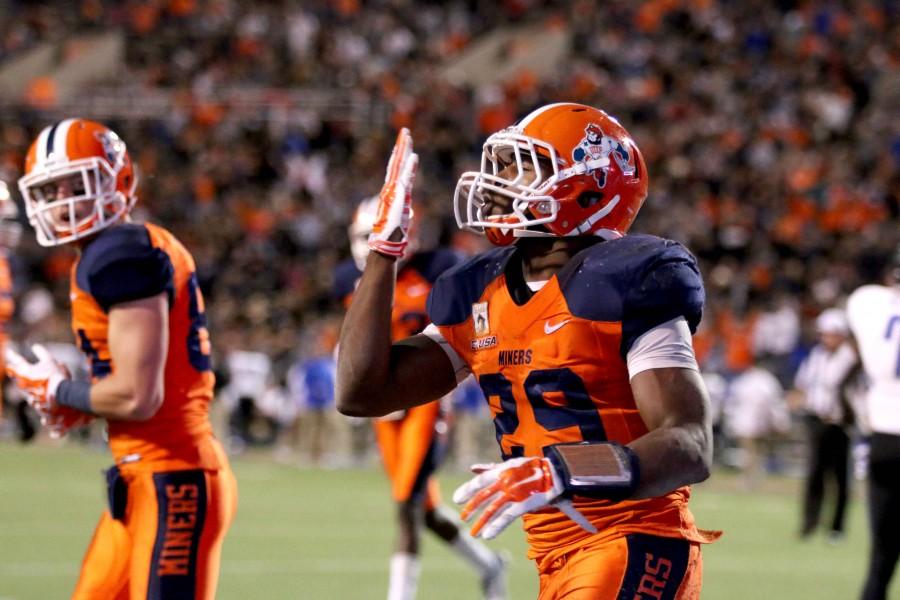 Junior running back Aaron Jones celebrates after a touchdown. 