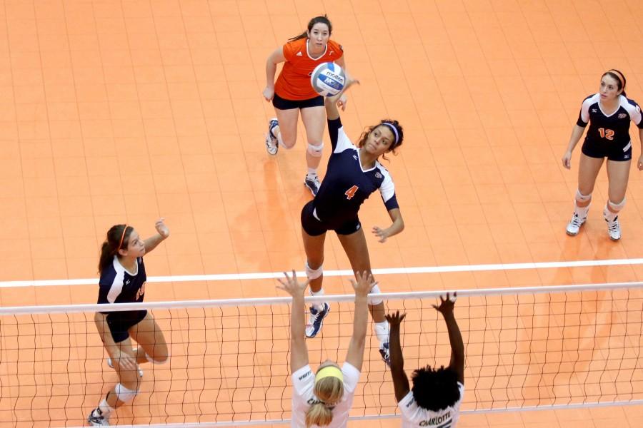 Sophomore middle blocker Dominque Millette attempts a kill against the Miners in the last conference home match of the season against Charlotte on Nov. 9. Millette is fifth in total blocks in Conference USA for the season. 