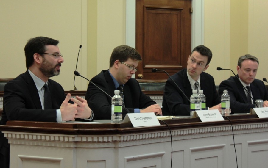 David Hantman, of Airbnb, left, says that if the data show there is a problem, the government should have a role in regulating sharing platforms. Also on the panel were John Breyault, National Consumers League; Alex Howard, TechRepublic; and Adam Thierer, Mercatus Research Center at George Mason University. 