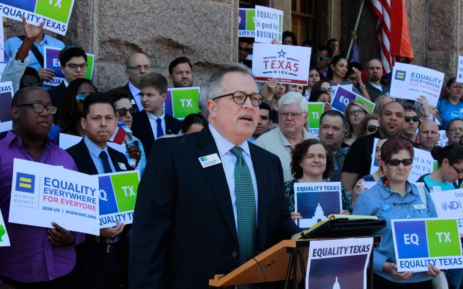 Chuck Smith, executive director of Equality Texas speaks at the rally.