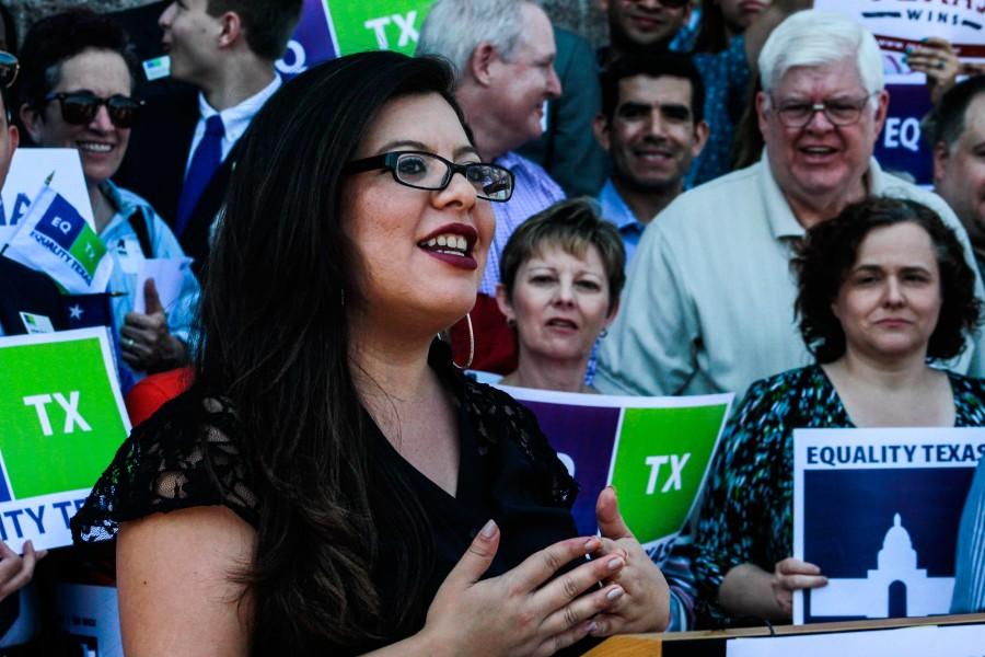 State Rep. Mary Gonzalez D-El Paso, speaks at a rally for Freedom Advocacy Day.