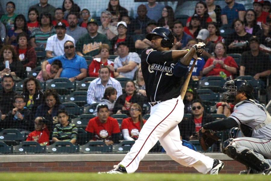 Chihuahuas right fielder Rymer Liriano hits a pitch against the Sacramento River Cats.