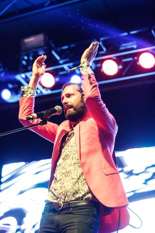 Guitarist Josh Moiarty of Miami Horror pumps up the crowd at neon Desert. 