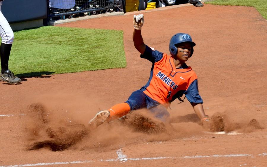 Senior outfielder Tahla Wade slides into home during a game at the Helen of Troy Softball Complex.