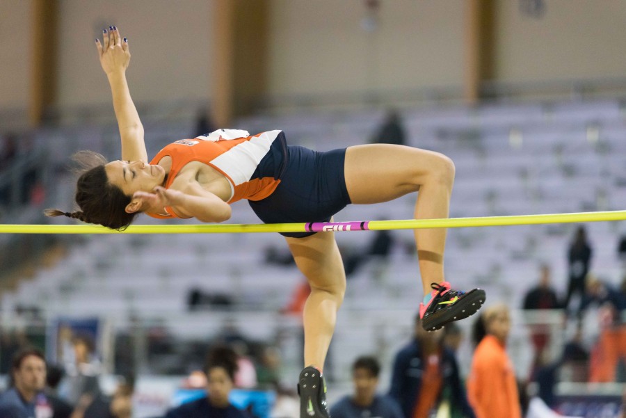 Jallycia Pearson finished attempts to get over the bar during the high jump portion of the heptathlon of the C-USA Conference Championships at Kidd Field.