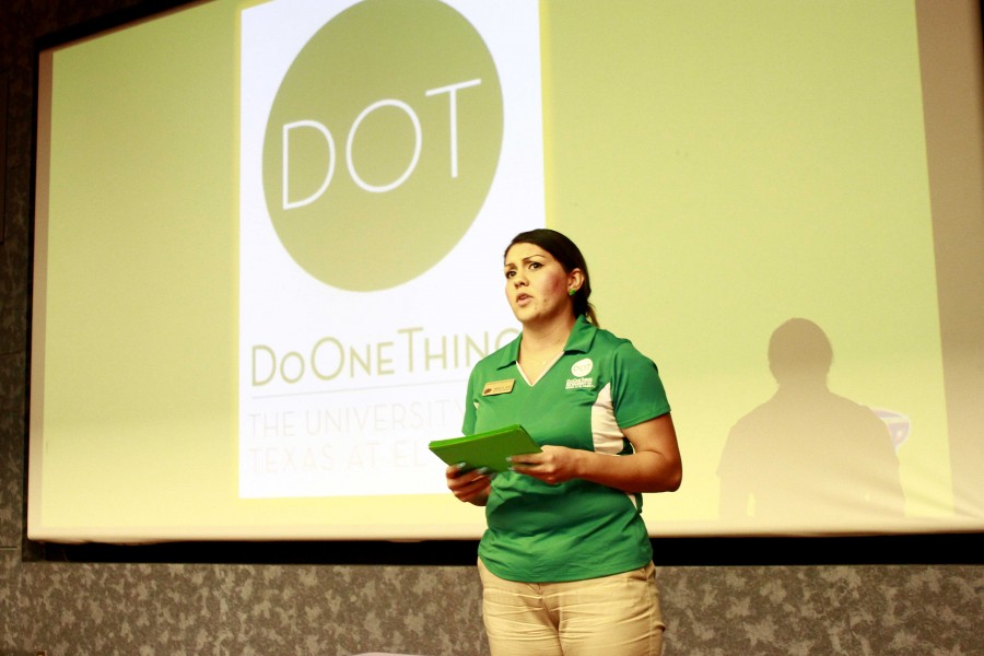 A speaker from the UTEP Do One Thing initiative presents at the green DOT training held in the Undergraduate Learning Center.