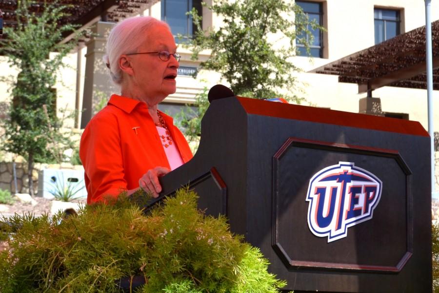 President Diana Natalicio speaks at Centannial Plaza on UTEPs continued ranking in the top 10 universities by Washington Monthly Magazine. 